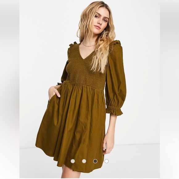 Madewell Lucie V Neck Olive Green Smocked Midi Dress - Picture 1 of 8